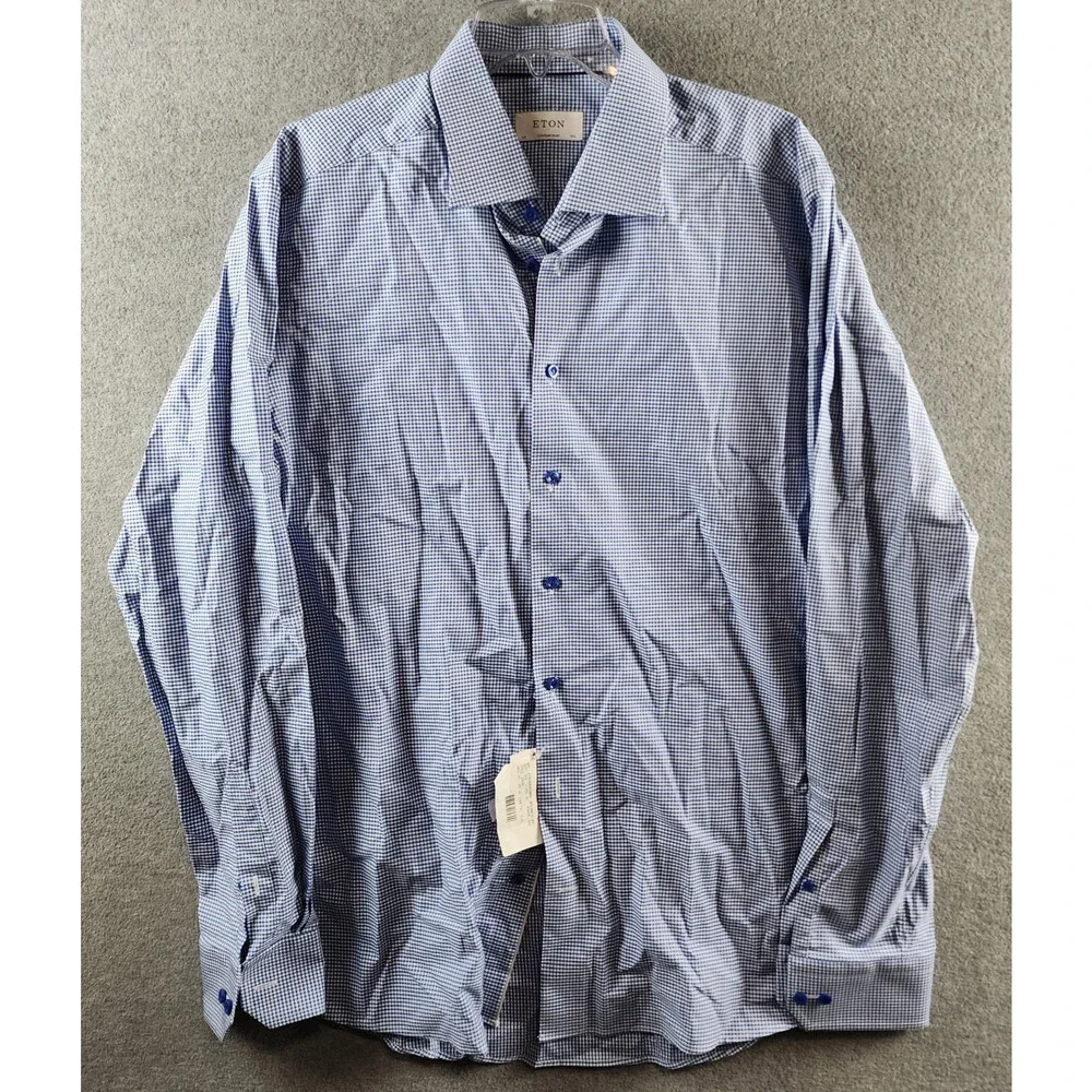 Eton Contemporary Fit MicroCheck Shirt Men's 17.5 Dark Blue Front Button Closure - Picture 2 of 13